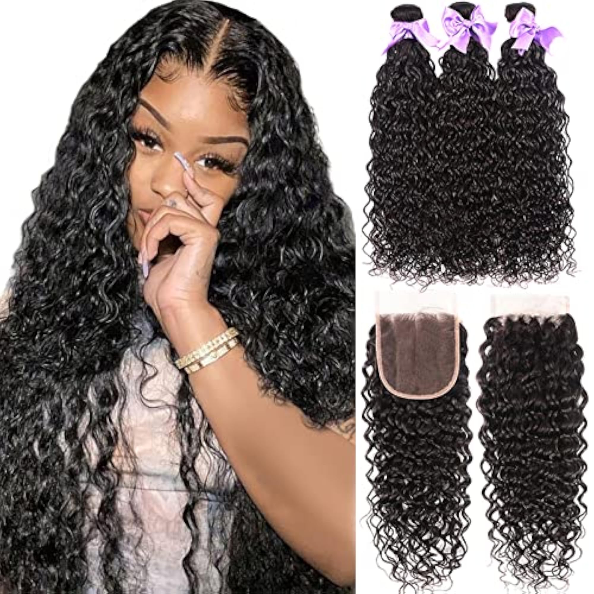 8A Water Wave Bundles With Closure, 100% Unprocessed Human Hair